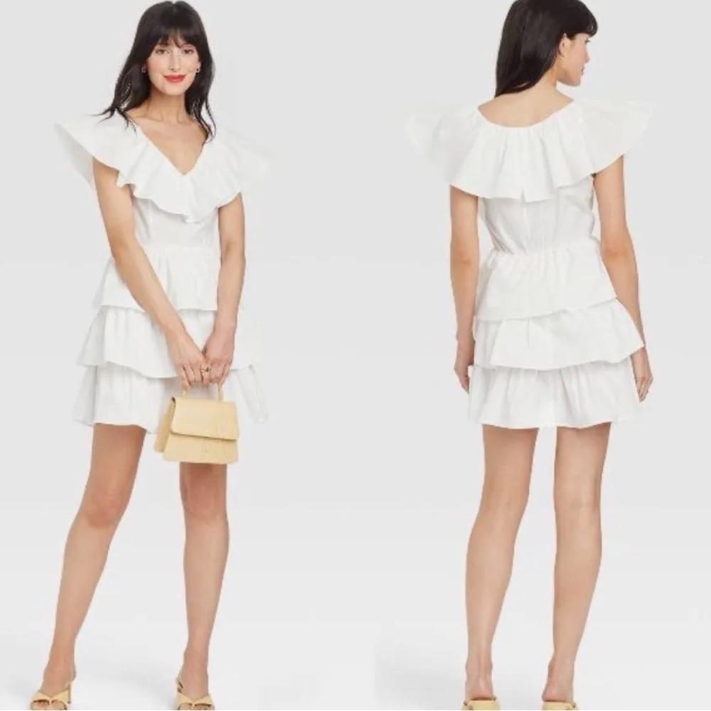 A New Day Mini Dress White Ruffle Multi Tiered Flutter Short Sleeve